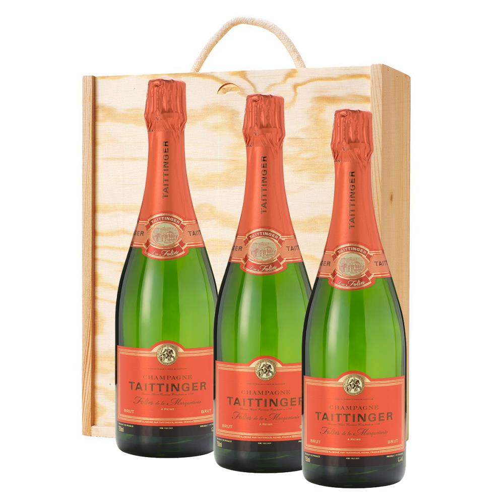 3 x Taittinger Les Folies de la Marquetterie Champagne 75cl In A Pine Wooden Gift Box